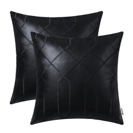 BRAWARM Leather Pillow Covers 16 X 16 Inches, Black Faux Leather Pillow Covers Pack of 2, Geometric Embroidery Leather Decorative Throw Pillows for Living Room Couch Bed Sofa Home