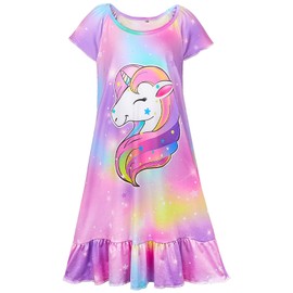 MHJY Girls Nightgowns Pajamas Unicorn Dress Rainbow Princess Girls' Nightgowns Sleep Shirts for Kids