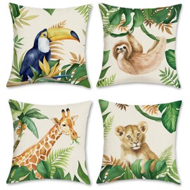 Bonhause Jungle Animals Cushion Covers 45 x 45 cm Tropical Lion Giraffe Sloth Toucan Decorative Throw Pillow Covers Summer Pillowcases for Sofa Outdoor Decor Set of 4