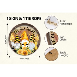 Wooden Welcome Sign For Front Door, Sunflower Bumble Bee Our Guest Decor Sign, Rustic Gnome Outdoor Hanging Signs For Housewarming Gifts, Honey Bee Decor For Farmhouse Front Porch Garden Yard -05