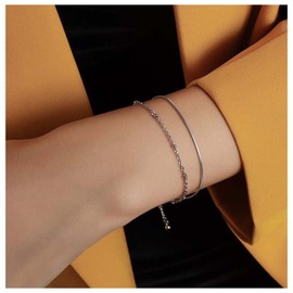 Allereyae Vintage Layered Chain Bracelet Set Round Snake Chain Bracelet Silver Double Layer Bracelet Minimalist Hand Chain Bracelet Jewelry for Women (Silver)