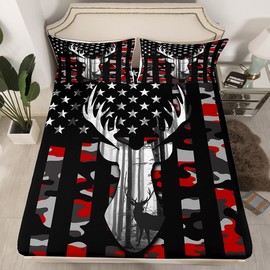 Camo American Flag Fitted Sheet Set Full Size 4 Pcs, Red Black Camo USA Flag Bedding Set(1 Fitted,1 Flat,2 Pillowcases), Deer Antlers and Trees Luxury Deep Pocket Bed Sheets for Girls Teen