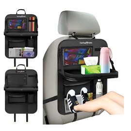 CARINGTETH Back Seat Organizer with Foldable Tray & Large Pockets | Multi-Use Backseat Car Organizer, Seat Back Protector Kick Mats, Tablet Holder & Kids Road Trip Essentials (Black, 1PCS)
