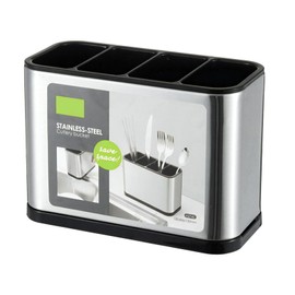 4-Compartment Stainless Steel Utensil Holder with Removable Tray, Anti-Slip, Quick-Dry Design, Rust-Proof Cutlery Organizer for Kitchen Countertop (18x8.6x13cm)