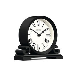 Jones Clocks® Saloon mantel clock | Traditional double scroll design | Black | Roman numerals | Classic style for desk, table, shelf or bedside