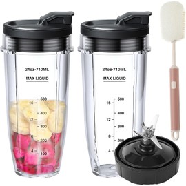 Paquete de 6 vasos de repuesto y cuchilla de Ninja para licuadora y 7 aletas de repuesto con cepillo para polvo de limpieza, compatible con Nutri Ninja Auto iQ BN801 BL480 BL640 BL642 NN100 BL2012