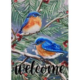 Covido Home Decorative Welcome Winter Bluebirds Garden Flag, Snow House Yard Pine Tree Branches Red Berry Outside Decoration, Snowflake Christmas Farmhouse Outdoor Small Flag Decor Double Sided 12x18