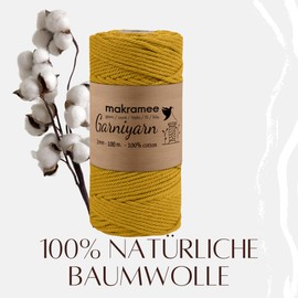 GARNIYARN Premium Macrame Yarn 3 mm - Soft Cotton Rope for Macrame, DIY Craft Projects, Wall Hangings, Plant Hangers and Home Accessories - 100% Natural Cotton 3 mm, 100 m (Ocher)