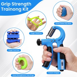 Grip Strength Trainer Kit 9 Pack with Forearm Strengthener, Countable Hand Grip Strengthener,Hand Extension Exerciser, Stress Relief Ball, Grip Ring (BLUE)