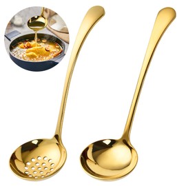 Worldity 7.9 Inch Gold Small Ladle, 2 Pcs Gold Slotted Spoon Soup Ladle Set, Stainless Steel Small Ladles for Serving Sauce, Soup, Vegetables, Gold Metal Soup Ladle for Buffet, Party, Kitchen