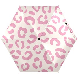 Trendy Wild Pink Leopard Skin Seamless On White Small Mini Anti-UV Compact Travel Umbrella, 5 Folding Ultra-Light Umbrella, 6 Ribs Pocket Windproof Foldable Vinyl Parasol
