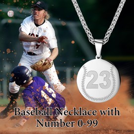 AMITER Baseball Number Necklace, 0-99 Jersey Baseball Pendant Necklace for Men & Women - 24 Inch (22’’ + 2’’ Adjustable)