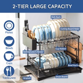Dish Drying Rack, 2 Tier Dish Racks for Kitchen Counter, Large Capacity Kitchen Organizers and Storage Rack with Drainboard, Removable Utensil Holders and Swivel Spout, Gifts for Women, Mothers Day