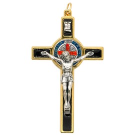VILLAGE GIFT IMPORTERS - Saint Benedict Crucifix Pendant | Gold-Tone Base with Colored Enamel Accents | 3.25" Tall | Patron Saint of Students | Unframed Wall Art for Classroom, Dormitory & Home Decor