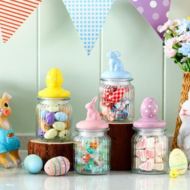 Nitial 4 Pcs Easter Glass Jar with Cap Bunny Ear Egg Clear Candy Jar Decorative Food Storage Canister with Airtight Ceramic Lid for Eater Party Tea Cookie Table Decoration(7.8 oz,Bunny, Easter Egg)