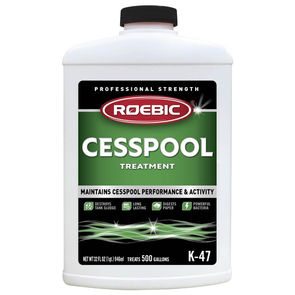 Roebic K-47-Q Cesspool Treatment Prevents Clogging and Buildup, Exclusive Bacteria Digests Paper and Destroys Sludge, 32 Ounces, No Size, White/Green