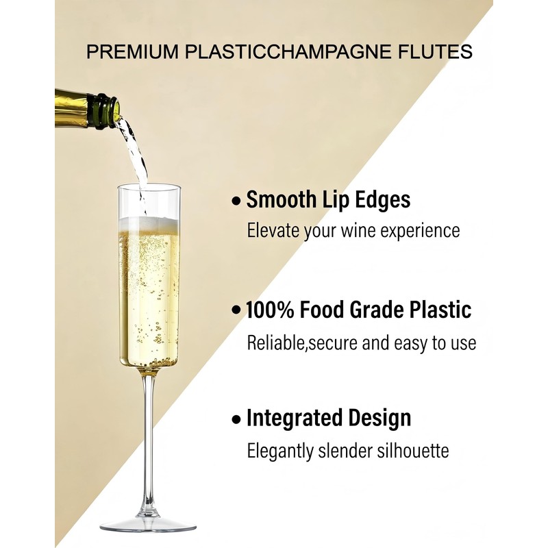 Plastic Champagne Flutes, Disposable Stemless-Look Glasses with Long Stems, Clear