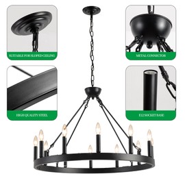 VBKK Wagon Wheel Chandelier 32" 12-Light, Round Black Chandeliers Farmhouse Modern Wagon Wheel Light Fixtures, for High Ceiling Dining Living Room, Foyer, Entryway