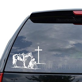 Cowboy Horse Praying Knees Cross Decal Sticker Car Truck Motorcycle Window Bumper Laptop Wall Decor - Size (18 inch / 46 cm Wide) - Color (Gloss White)