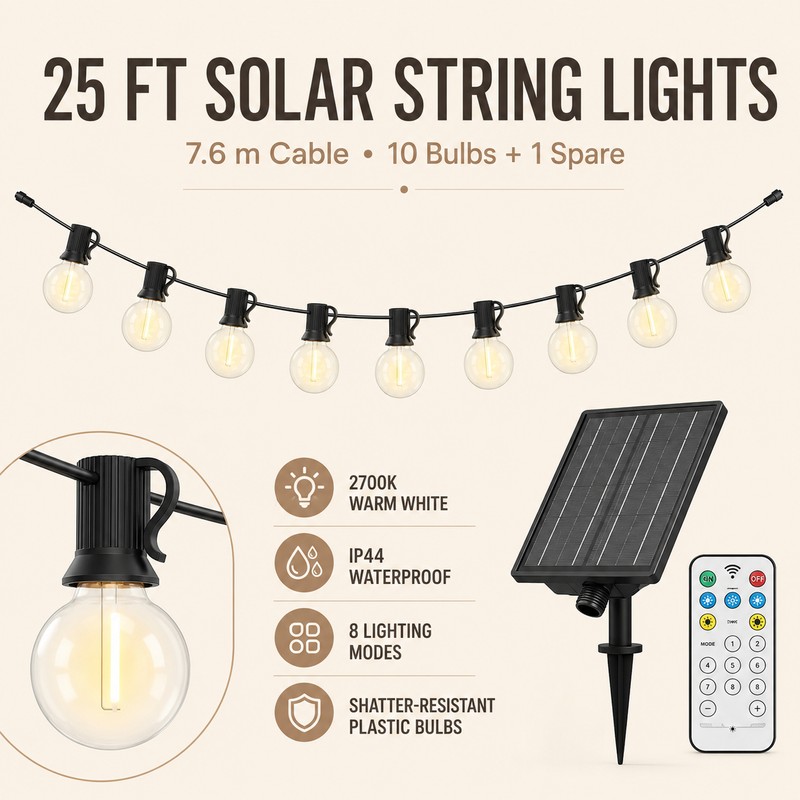 33ft Solar String Lights with 10H Auto On/Off Sensor, Warm