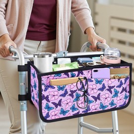 Walker Basket for Folding Walker - Lightweight Storage Bag with Cup Holder, Essential Organizer for Seniors Mobility for Water Bottle, Phone & TV Remote (Purple)