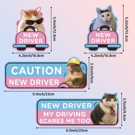 CNhoqc 4pcs Funny Cat New Driver Car Magnet, Cute Shivering Cat Reflective Student Driver Sign for Car Bumper, Cartoon Nervous Cat Caution New Driver Reusable Magnet Sticker for Bumper Safety Sign