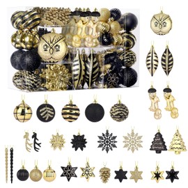 Alupssuc 96pcs Christmas Tree Ornaments Set, Plastic Shatterproof Hanging Baubles for Xmas Tree Decor, Holiday Balls Decorations with a Forest Theme and Animal Designs in Black & Gold