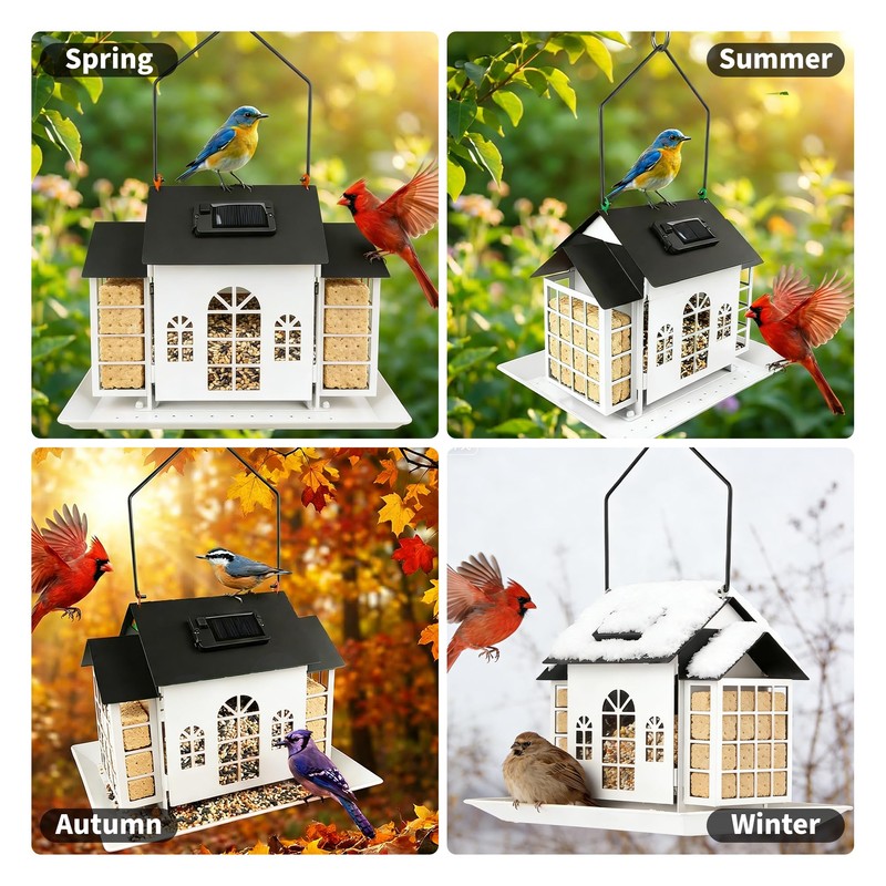 Solar Bird Feeder House for Outdoors, Metal Large Capacity 3-Compartment