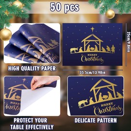 AnyDesign 50 Pack Christmas Paper Placemats Merry Christmas Disposable Place Mats Nativity Scene Decorative Paper Table Mats for Home Kitchen Holiday Xmas Table Top Decor