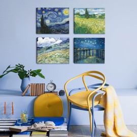 BINCUE Vincent Van Gogh Decorative Starry Night Wall Art on Canvas, Oil Painting, Wall Picture, Abstract Landscape Pictures for Living Room, Blue Impressionism Wall Decoration, Wheat Field with