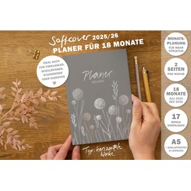 Eine der Guten Appointment Calendar A5 - Study Planner 2025 2026, 18 Month Weekly Planner & Notebook, Soft Cover Pocket Calendar, Grey Beige Pink with Flowers, Climate Neutral, FSC Paper