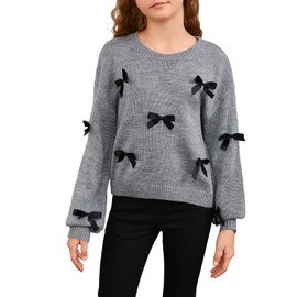MakeMeChic Girl's Bow Decor Crew Neck Long Sleeve Sweater Drop Shoulder Cute Pullover Top Grey 12Y