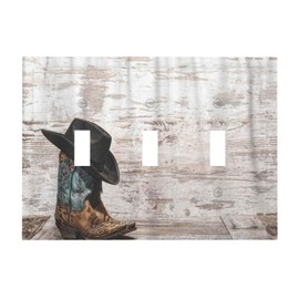 Rustic Western Cowboy Hat Cowgirl Boots 3 Gang Light Switch Cover Triple Toggle Wall Plate Home Decorative Faceplate Electrical Switchplate for Bathroom Living Room Decor 6.7 x 4.8 In