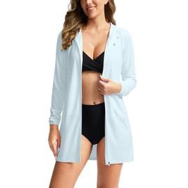 Women's UPF 50+ Swim Cover Up Sun Protection Hoodie Long Jacket SPF Lightweight Beach Cover Ups for Women(Light Blue,L)