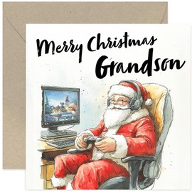 Funny Christmas Card for Grandson - Santa Claus Playing Video Games Christmas Card for Teenage Grandchild - Family Merry Christmas Greeting Cards for Him