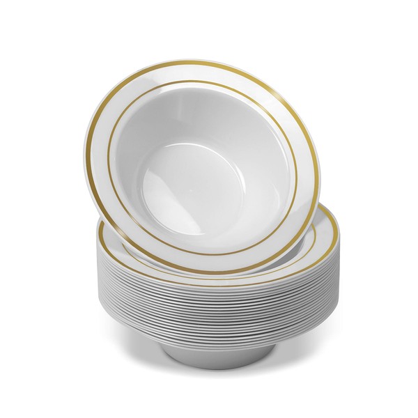 50 Disposable White Gold Trim Plastic Dessert Bowls | SMALL 6 oz. Premium Heavy Duty Disposable Dinnerware with Real China Design | Safe & Reusable and Great for Parties (50-Pack) by Bloomingoods