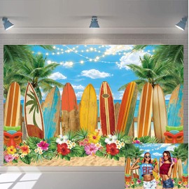Summer Surfboard Party Backdrop 7x5FT Aloha Tropical Palm Flower Blue Sky Ocean Surfs Up Hawaiian Photography Background Baby Shower Birthday Party Decor Luau Tiki Photo Background