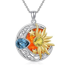 AOBOCO Moon and Sun Necklace Sterling Silver Orange Opal Crescent Moon and Sun Pendant Necklace Celtic Jewelry Birthday Gift for Women