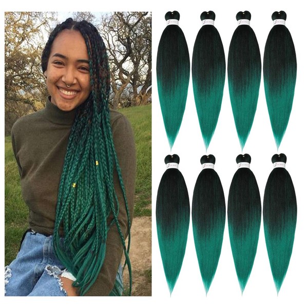Pre-Stretched Braiding Hair Extensions Ombre Black to Green - 26 inch 8 Packs Synthetic Crochet Braids, Hot Water Setting Professional Soft Yaki Texture (26inch,#1B/Green)