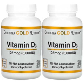 California Gold Nutrition Vitamin D3, 125 mcg (5,000 IU), 360 Fish Gelatin Softgels, 2 Pack