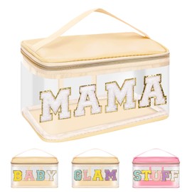 Iqimott Preppy Clear Makeup Cosmetic Bag for Women Travel, Nylon PVC Chenille Glitter Letter Toiletry Storage Tote Bag, Transparent Waterproof Organizer Zipper Pouch with Handle(Mama, Beige)