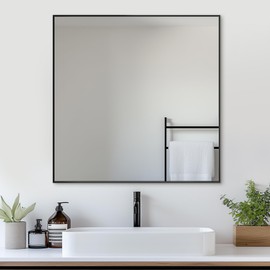 Antok Bathroom Mirror, 36"x36" Wall Mirror, Decorative Mirrors Vanity Mirror Aluminum Alloy Frame Contemporary Rectangular Hanging Mirror for Living Room Bathroom Entryway,Black,Rect Corner