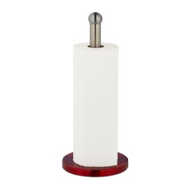 Relaxdays Standing Kitchen Roll Holder, Stainless Steel, Paper Roll Holder for Kitchen, H x D: 35 x 15 cm, Roll Holder, Silver/Red
