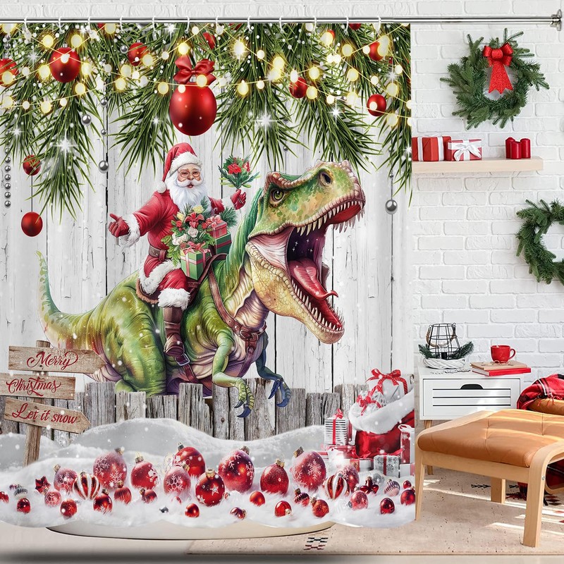 VeiVian Funny Christmas Shower Curtain, Cute Xmas Santa and Dinosaur