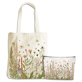 XLRSDF Aesthetic Flower Wildflower Canvas Tote Bag Makeup Bag, Cosmetic Bags for Women Girls Sister Mom Plant Lovers Birthday Christmas Gradaution Reusable Grocery Bags with Inner Pocket for Shopping