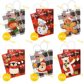 Aviski 12PCS Christmas Gift Bags 6 Assorted Styles Bags Xmas Kraft Paper Bags with Handles Christmas Goodie Bags with Christmas Prints for Xmas Gift Wrapping Christmas Party Supplies