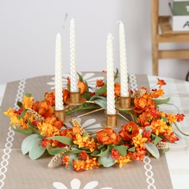 CIR OASES 12in Fall Wreath with Lambs Ears, Leaves & Flowers - Artificial Maple Candle Holder for Thanksgiving, Autumn & Holiday Parties