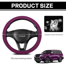 Ongfuwu Bling Diamond Leather Steering Wheel Cover, Sparkly Crystal Rhinestones Auto Wheel Protector for Women Girls, Universal Fit 14-15 inch Steering Wheel, Bling Car Accessories (Purple+White)