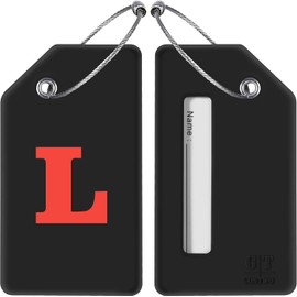 Paquete de 2 etiquetas de equipaje iniciales, etiquetas de equipaje de silicona para maletas con tarjeta de privacidad y lazo de metal para deportes de viaje (L)
