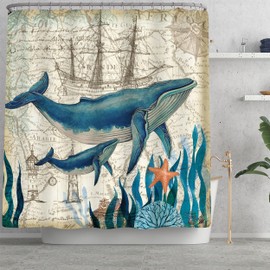 Planially 4Pcs Whale Waterproof Shower Curtain Sets,Ocean Bathroom Sets with Shower Curtain, Toilet Lid Rug, Contour Mat and Bath Mat, 12 Hooks Gift for Bathroom Set Decor,72 X 72 Inch